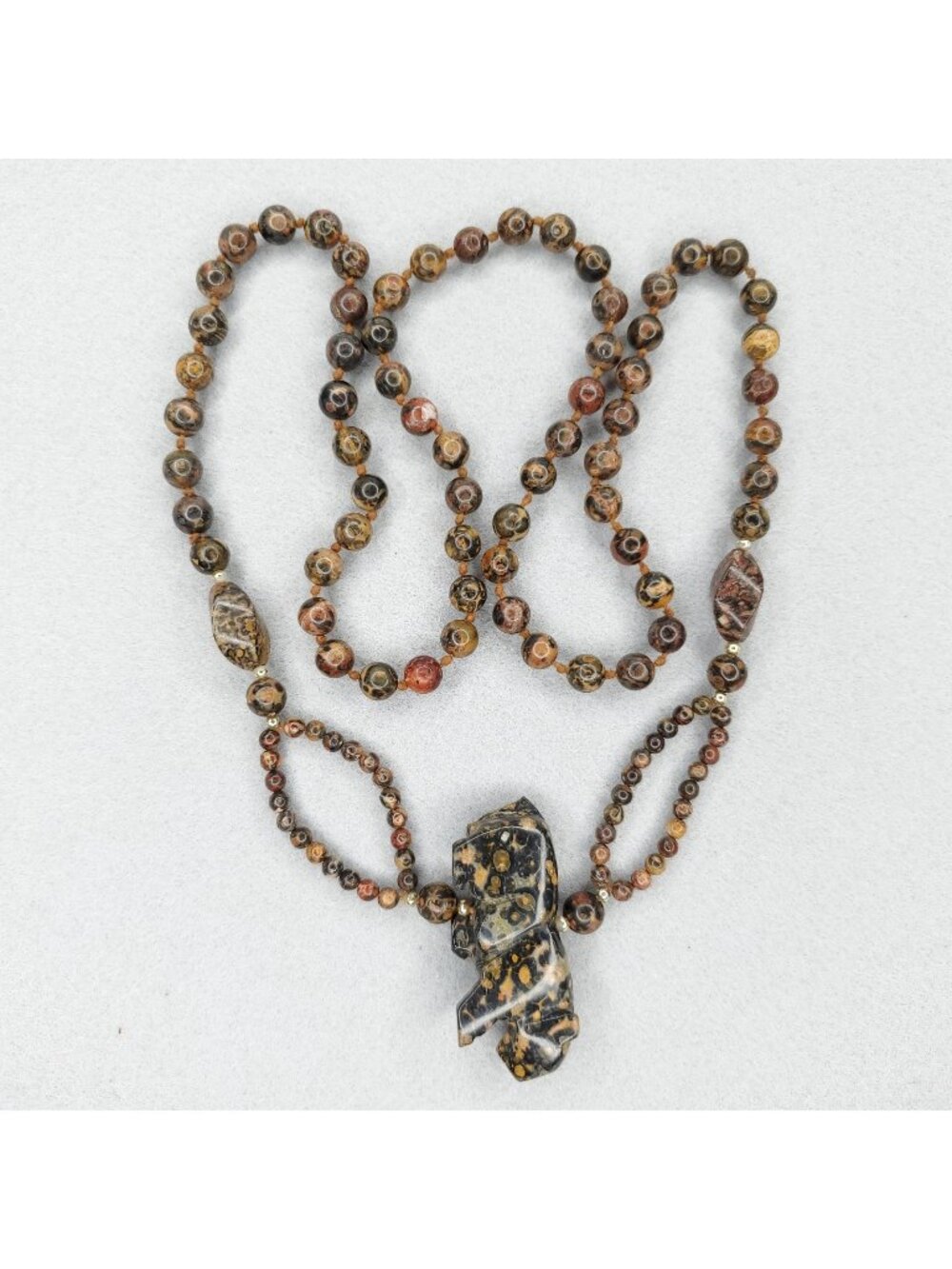 Leopard Jasper Beaded Necklace Brown Black Knotted 32" Cat Pendant READ